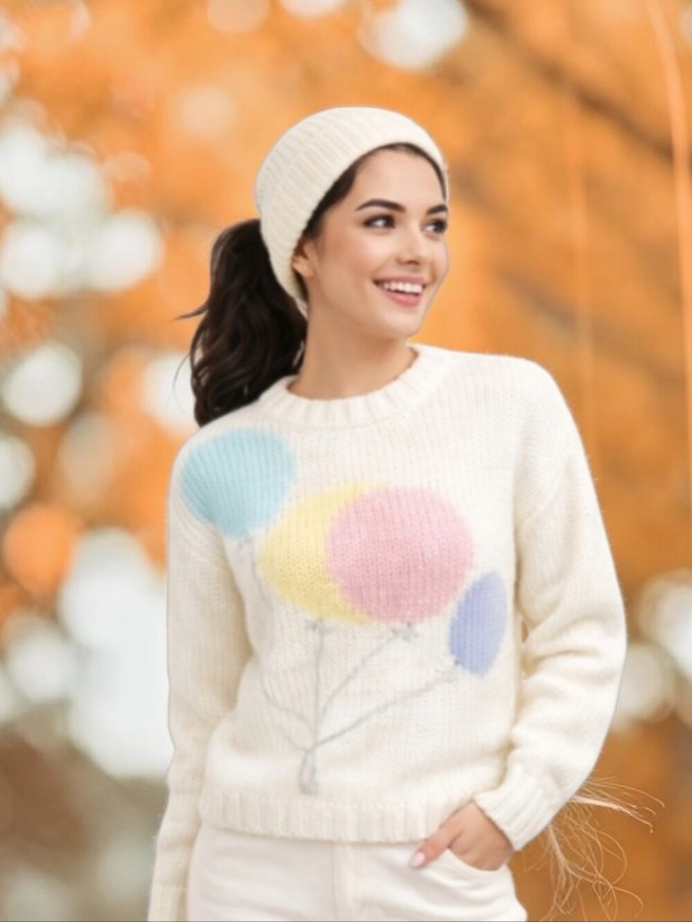 Vtg. Pastel Chunky Sweater Pink/Mint Balloons  White Crewneck Cottagecore Sz S